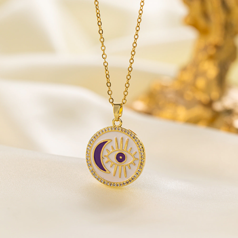 304 Stainless Steel 18K Gold Plated Vintage Style Simple Style Inlaid Zircon Eye Artificial Rhinestones Resin Pendant Necklace
