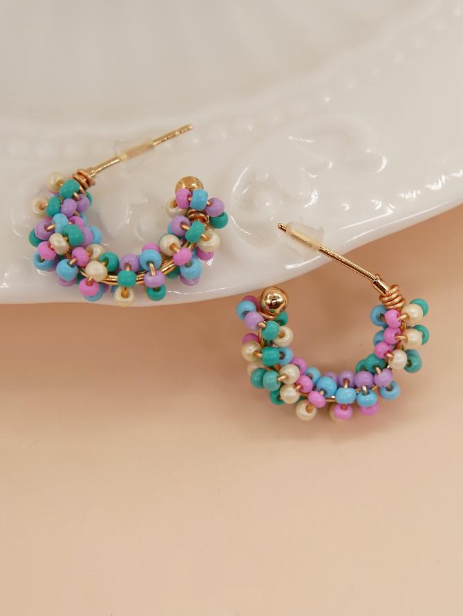 1 pair princess cute c shape beaded glass ear studs