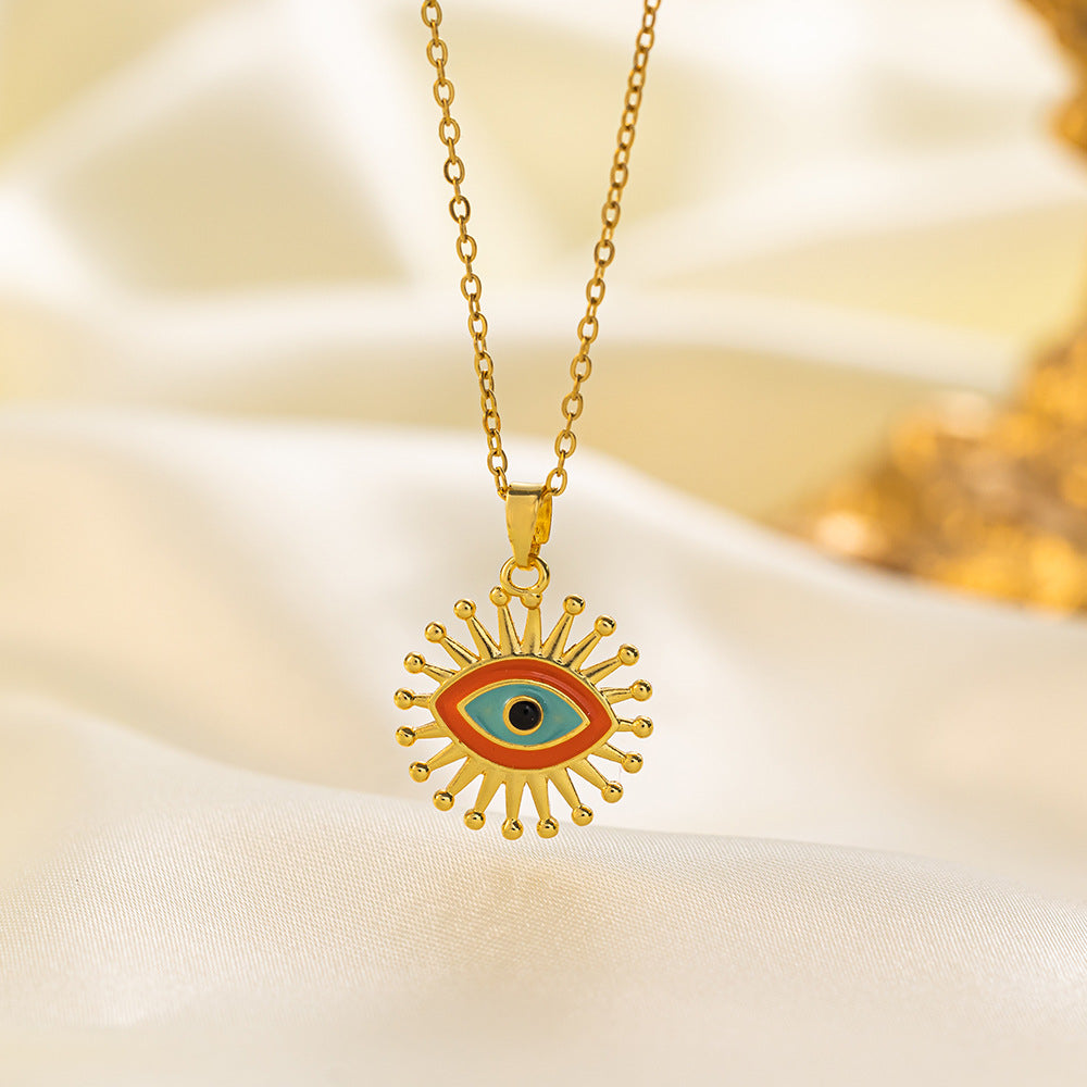 304 Stainless Steel 18K Gold Plated Vintage Style Simple Style Inlaid Zircon Eye Artificial Rhinestones Resin Pendant Necklace