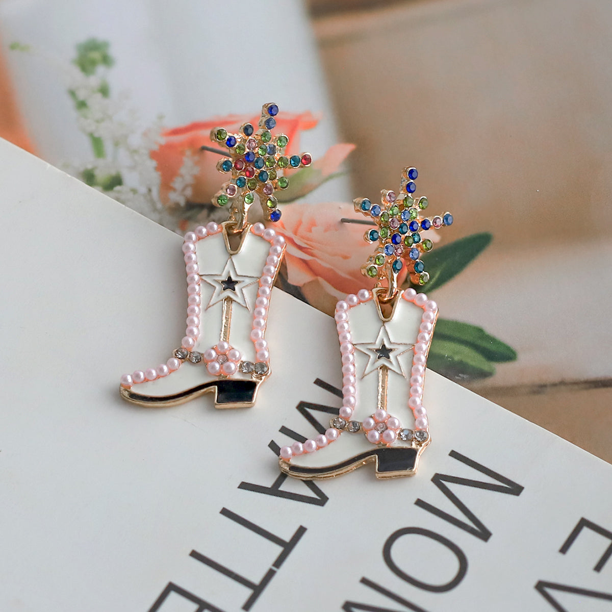 1 pair cowboy style boots inlay alloy artificial gemstones drop earrings