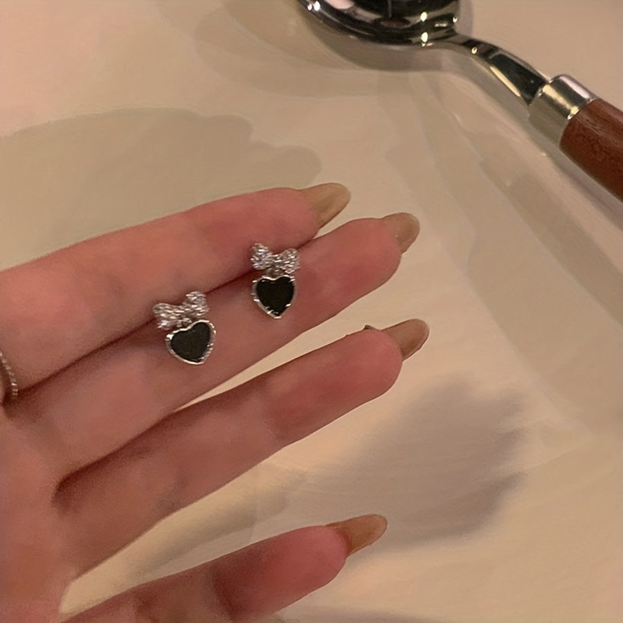 1 pair elegant cute sweet heart shape bow knot plating inlay alloy rhinestones silver plated drop earrings