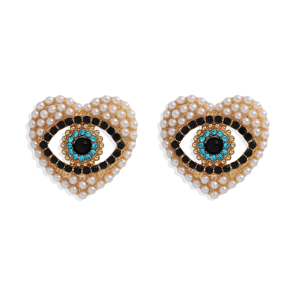 1 pair fashion heart shape inlay alloy rhinestones pearl ear studs