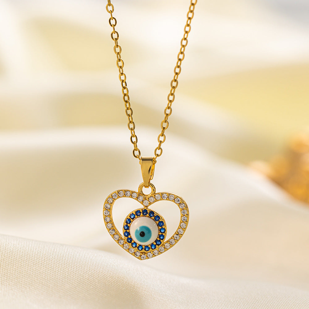 304 Stainless Steel 18K Gold Plated Vintage Style Simple Style Inlaid Zircon Eye Artificial Rhinestones Resin Pendant Necklace