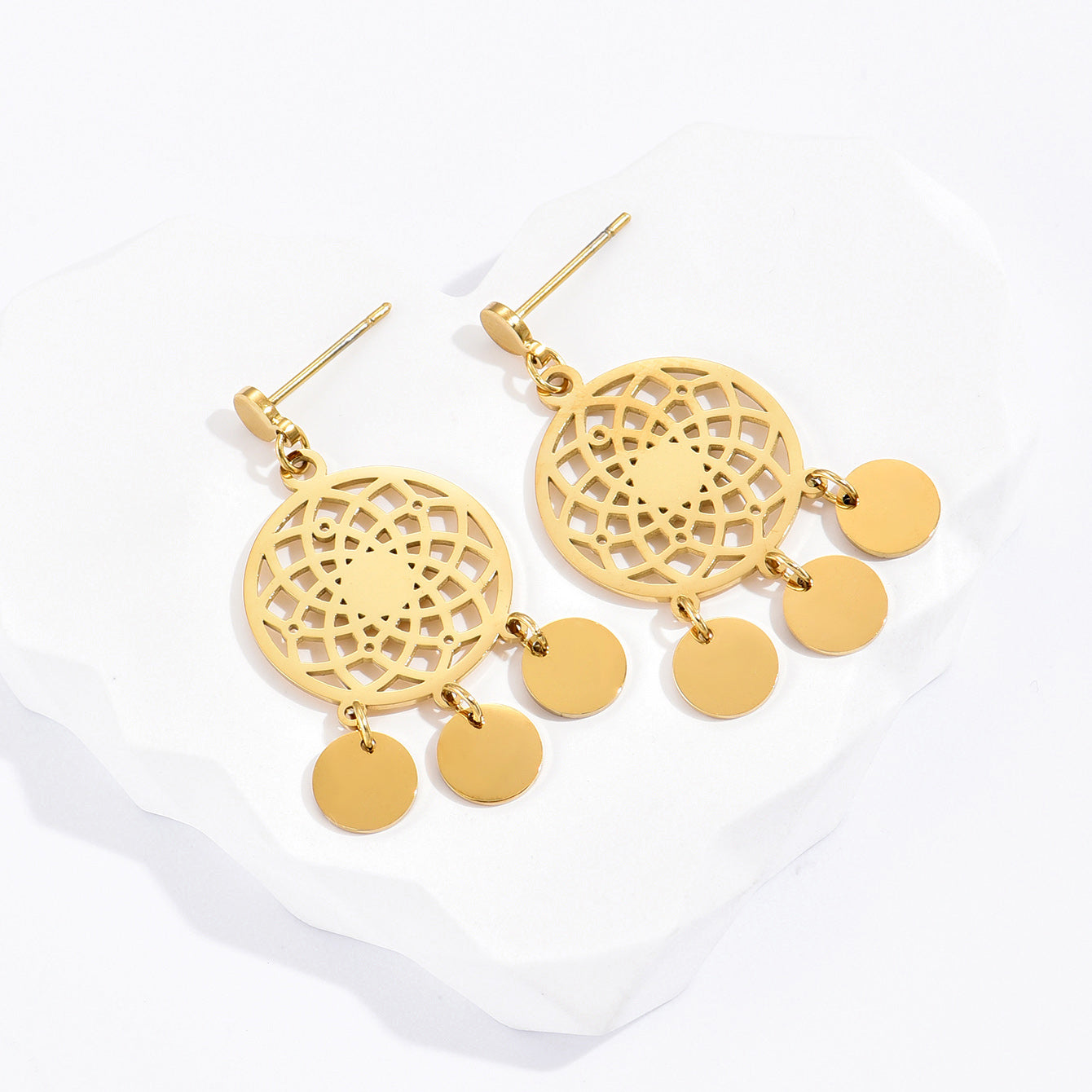 1 Pair Ethnic Style Round Tassel Hollow Out 304 Stainless Steel 14K Gold Plated Earrings