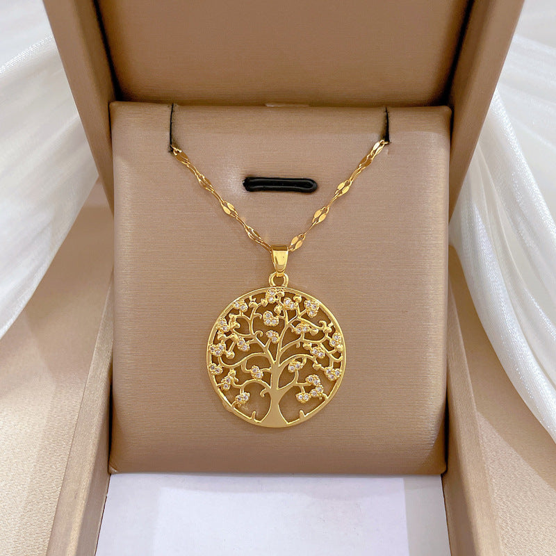 fashion round tree titanium steel copper zircon pendant necklace in bulk