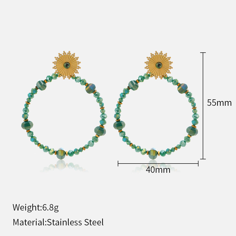 1 pair ethnic style circle sun beaded handmade inlay stainless steel natural stone drop earrings