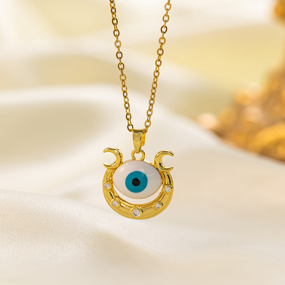 304 Stainless Steel 18K Gold Plated Vintage Style Simple Style Inlaid Zircon Eye Artificial Rhinestones Resin Pendant Necklace