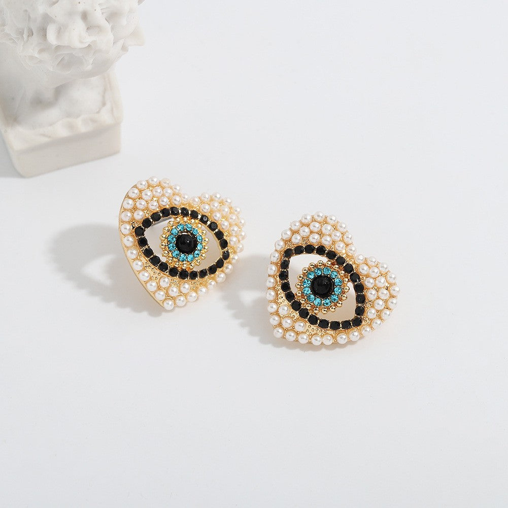 1 pair fashion heart shape inlay alloy rhinestones pearl ear studs