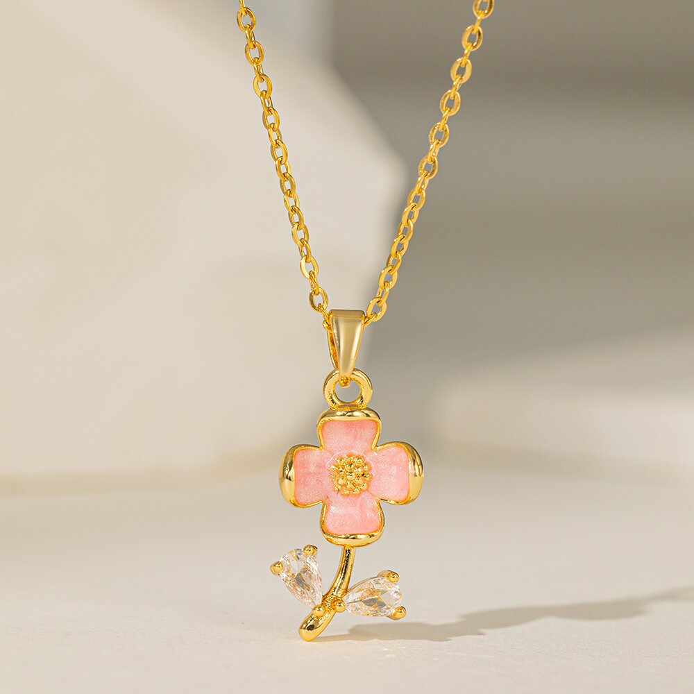 Titanium Steel 18K Gold Plated Casual Simple Style Commute Crown Feather Flower Inlay Artificial Rhinestones Pendant Necklace