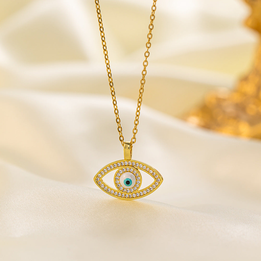304 Stainless Steel 18K Gold Plated Vintage Style Simple Style Inlaid Zircon Eye Artificial Rhinestones Resin Pendant Necklace