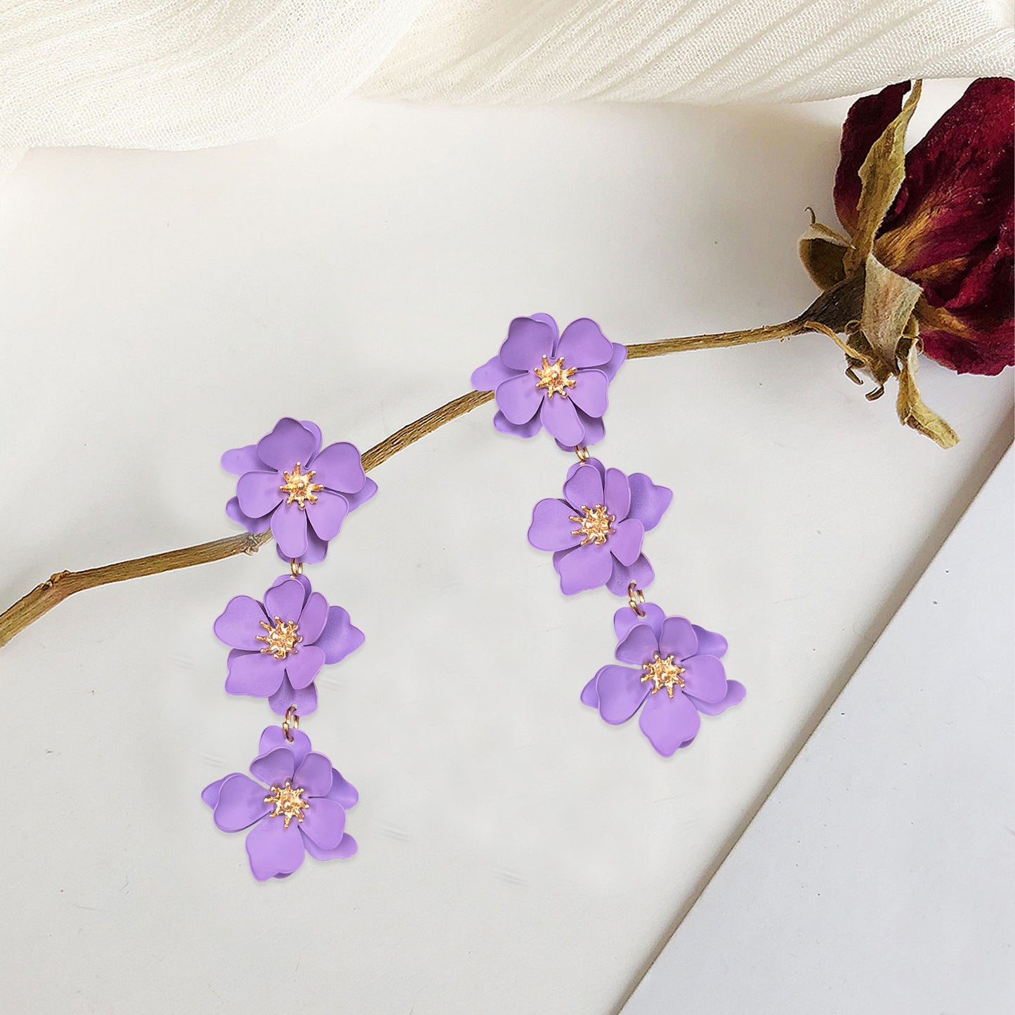 1 pair elegant bohemian simple style flower plating alloy drop earrings