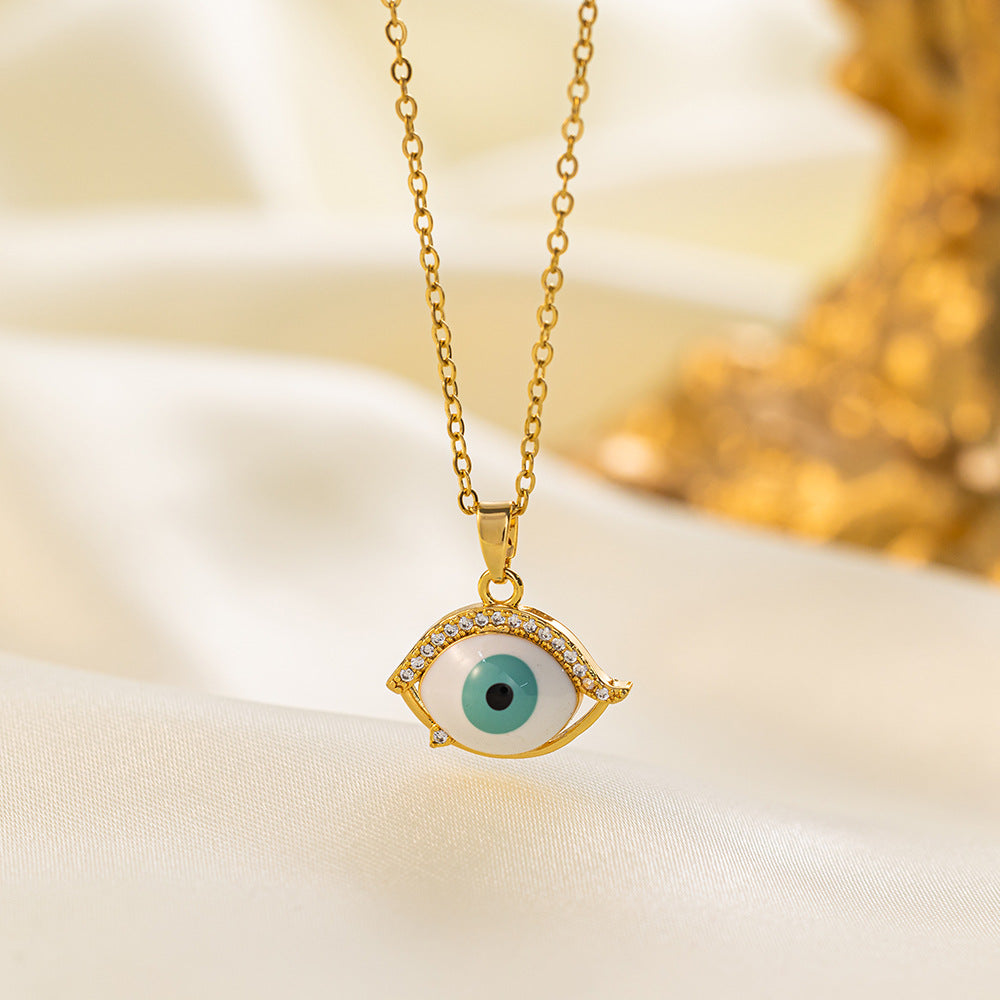 304 Stainless Steel 18K Gold Plated Vintage Style Simple Style Inlaid Zircon Eye Artificial Rhinestones Resin Pendant Necklace