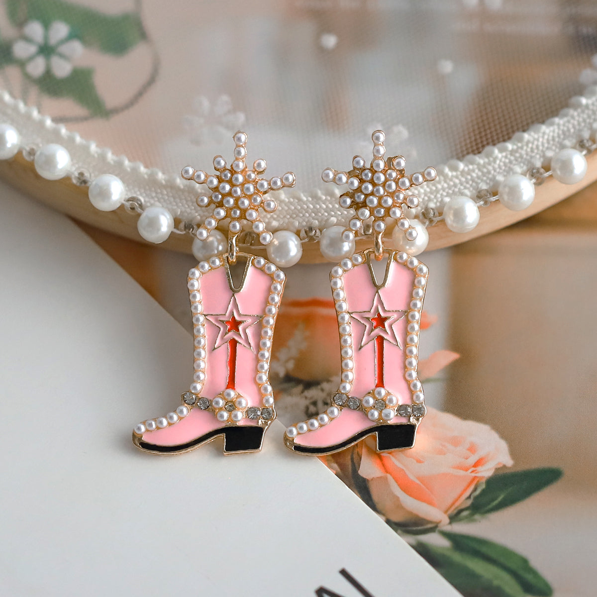 1 pair cowboy style boots inlay alloy artificial gemstones drop earrings
