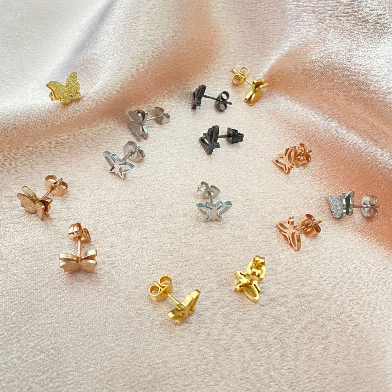 1 pair retro butterfly titanium steel plating hollow out ear studs
