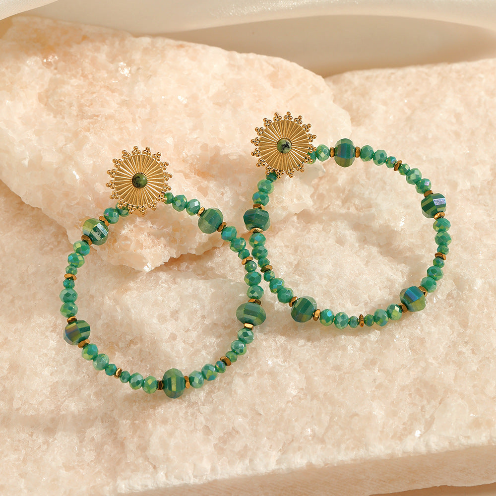 1 pair ethnic style circle sun beaded handmade inlay stainless steel natural stone drop earrings
