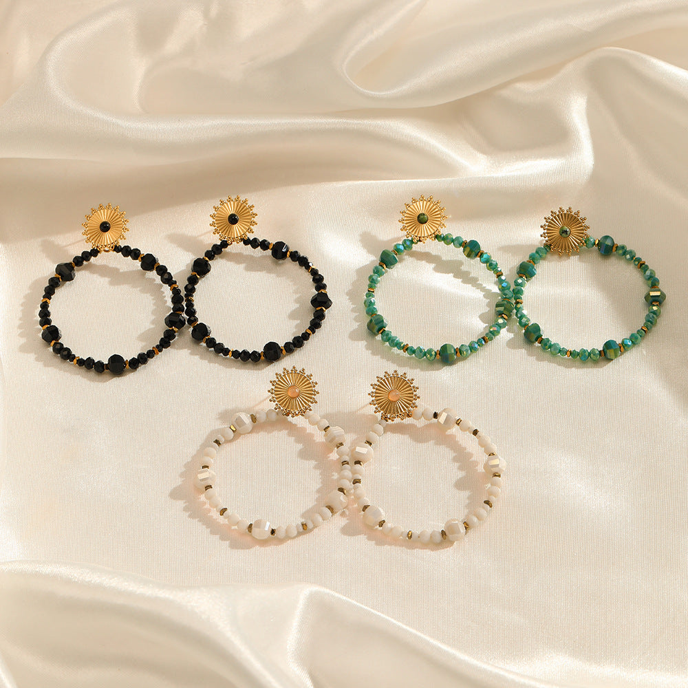 1 pair ethnic style circle sun beaded handmade inlay stainless steel natural stone drop earrings