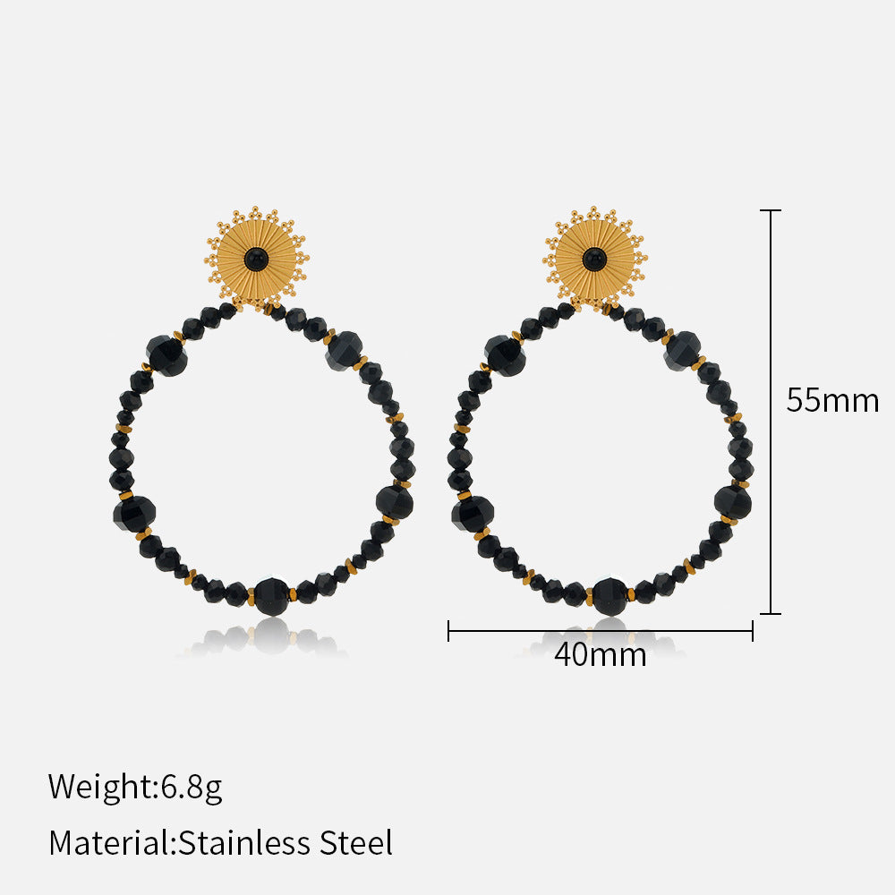 1 pair ethnic style circle sun beaded handmade inlay stainless steel natural stone drop earrings
