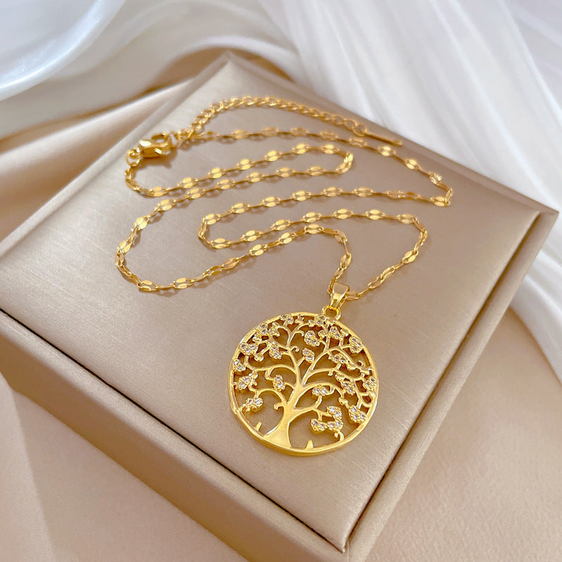 fashion round tree titanium steel copper zircon pendant necklace in bulk