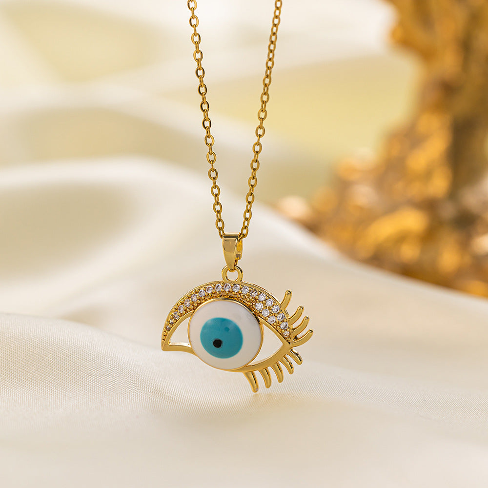 304 Stainless Steel 18K Gold Plated Vintage Style Simple Style Inlaid Zircon Eye Artificial Rhinestones Resin Pendant Necklace