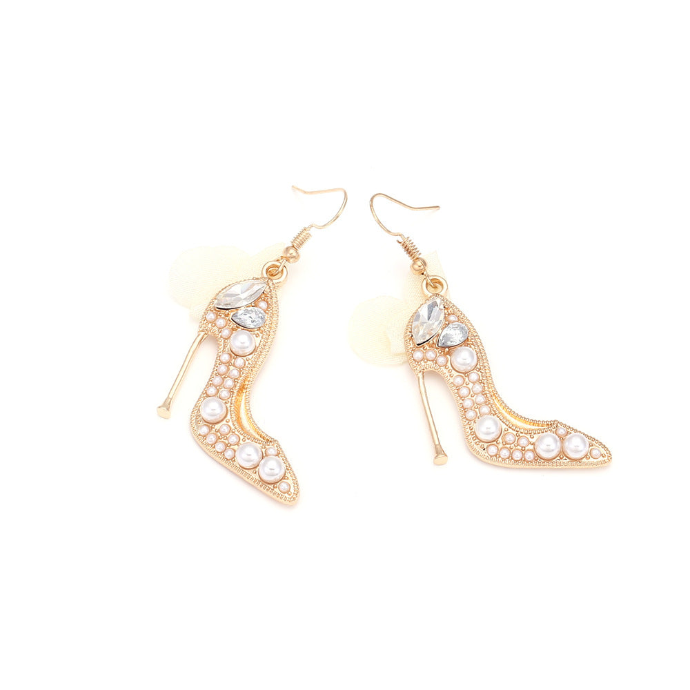 1 Pair Casual Sweet High Heel Net Yarn Alloy Rhinestones Drop Earrings