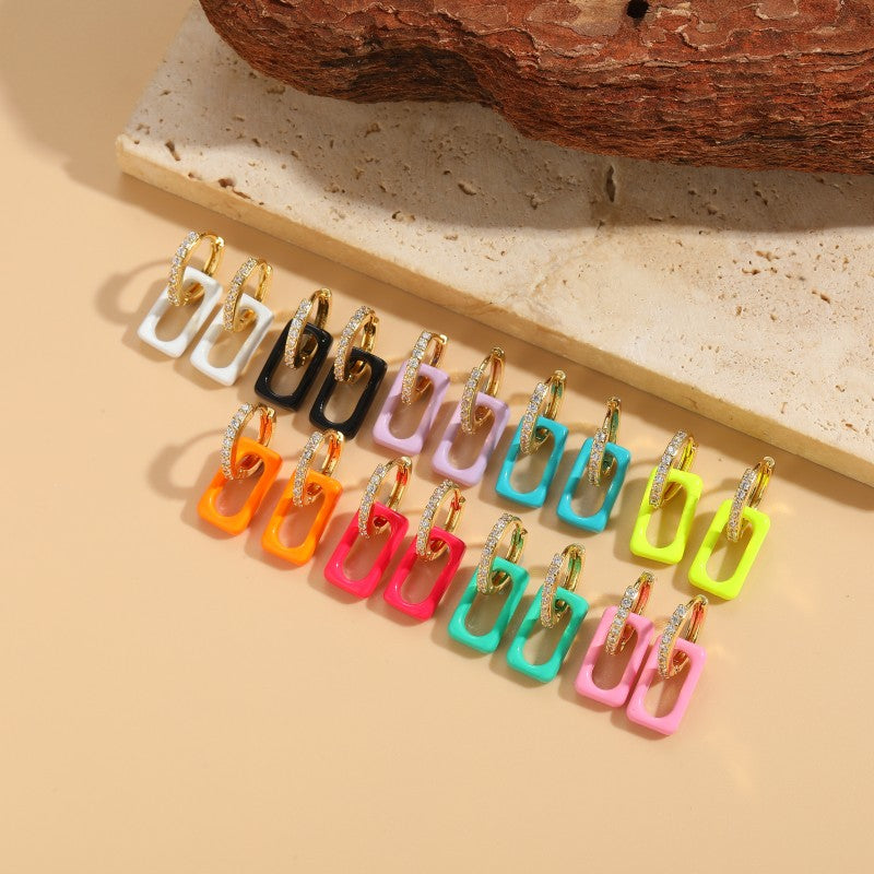 1 pair elegant classic style square enamel plating inlay copper zircon 14k gold plated earrings