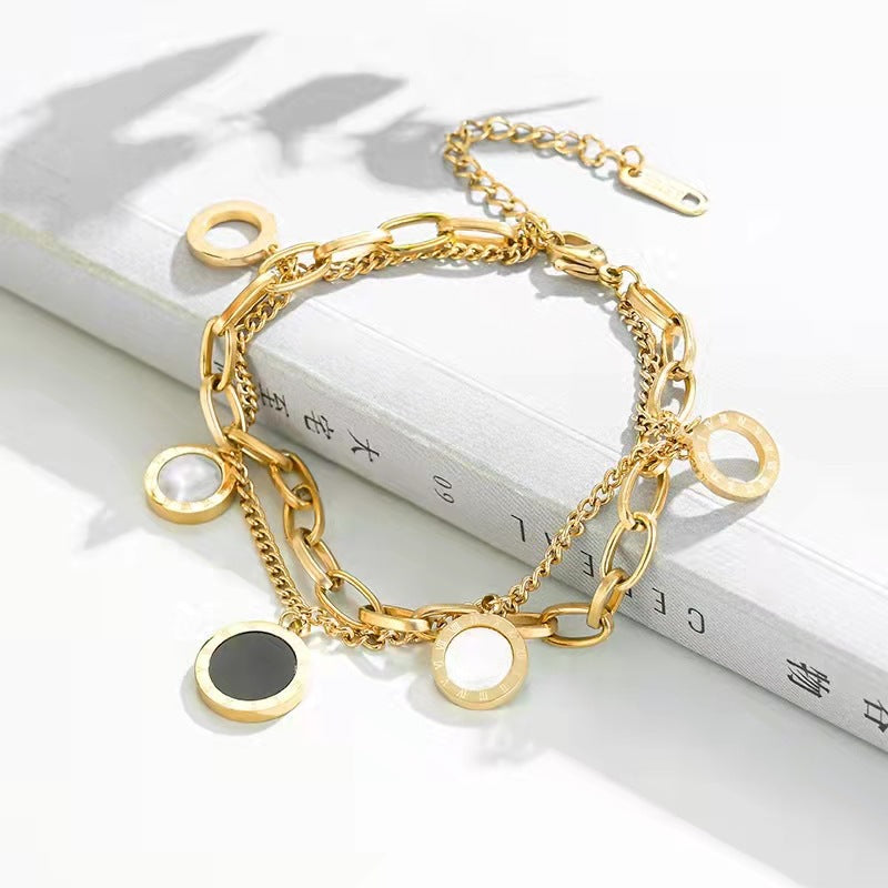 new black and white shells contrast color double-layer titanium steel women's bracelet