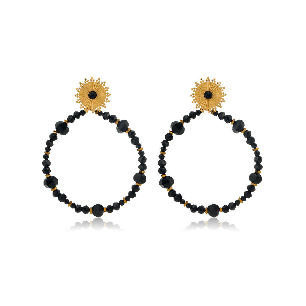 1 pair ethnic style circle sun beaded handmade inlay stainless steel natural stone drop earrings