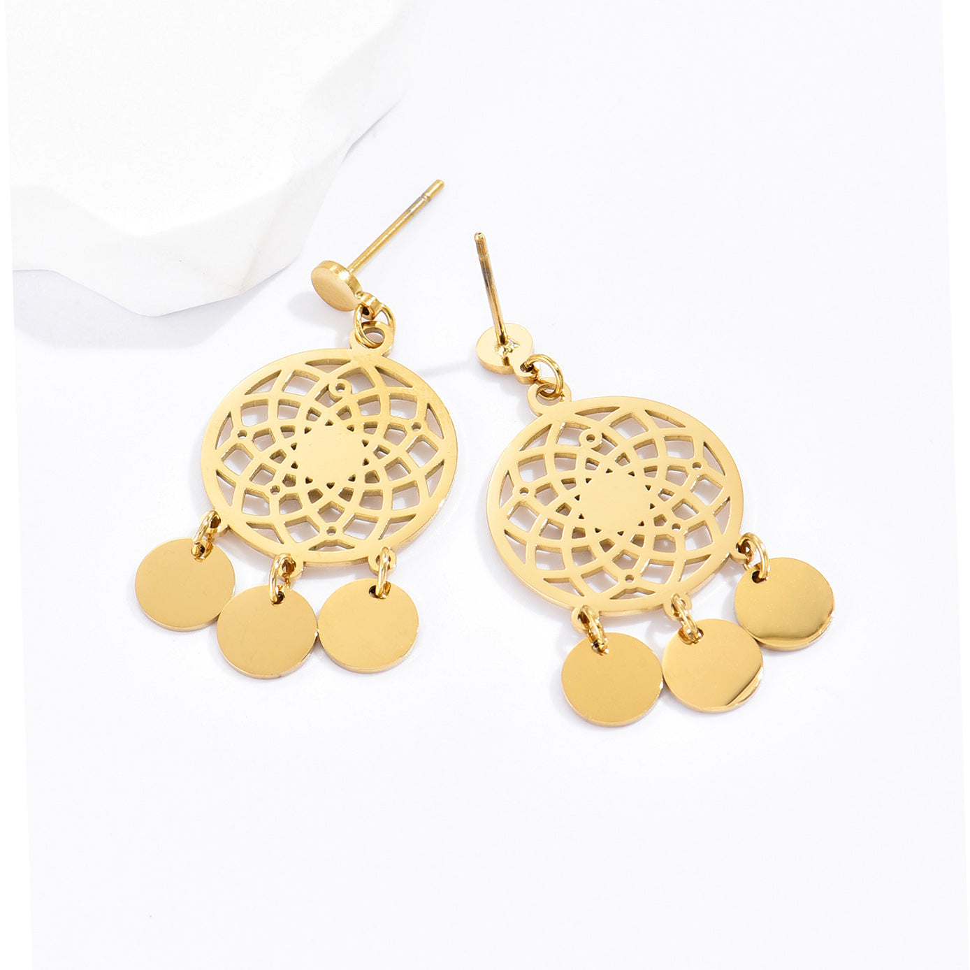1 Pair Ethnic Style Round Tassel Hollow Out 304 Stainless Steel 14K Gold Plated Earrings