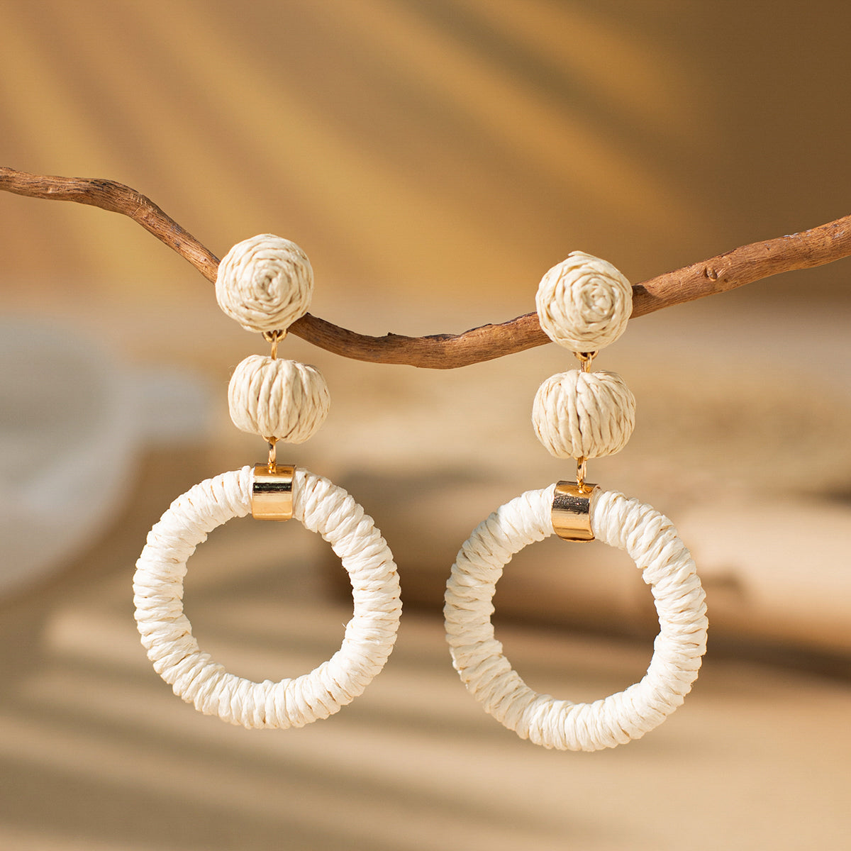 1 Pair Vacation Bohemian Round Square Water Droplets Braid Hollow Out Straw Rattan Drop Earrings