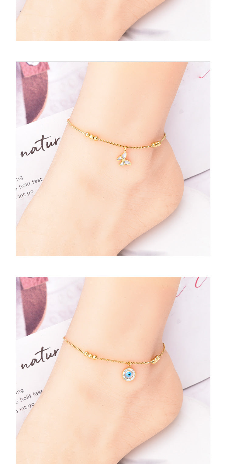 simple style devil's eye heart shape butterfly titanium steel inlay artificial pearls shell zircon women's anklet