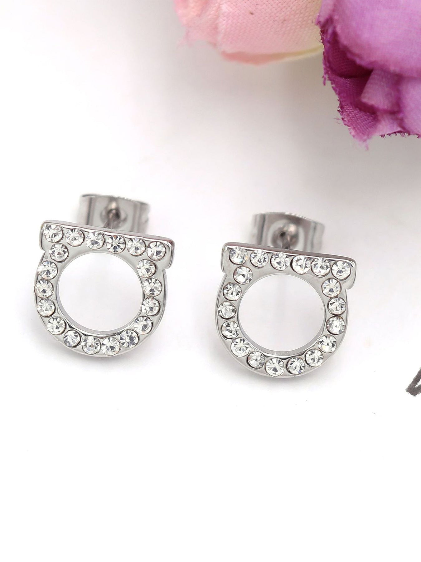 1 pair simple style solid color inlay titanium steel zircon ear studs