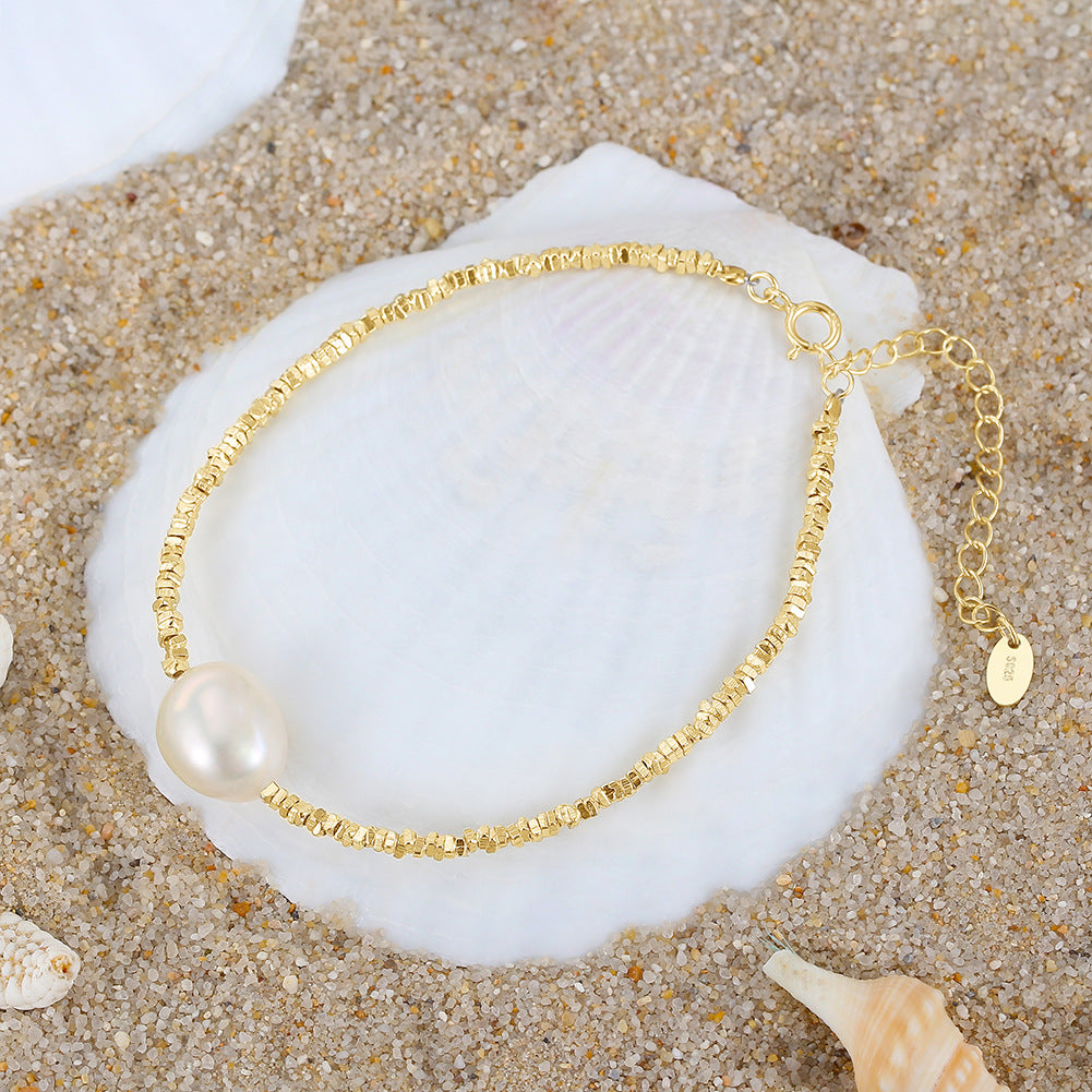elegant simple style round freshwater pearl sterling silver beaded plating bracelets
