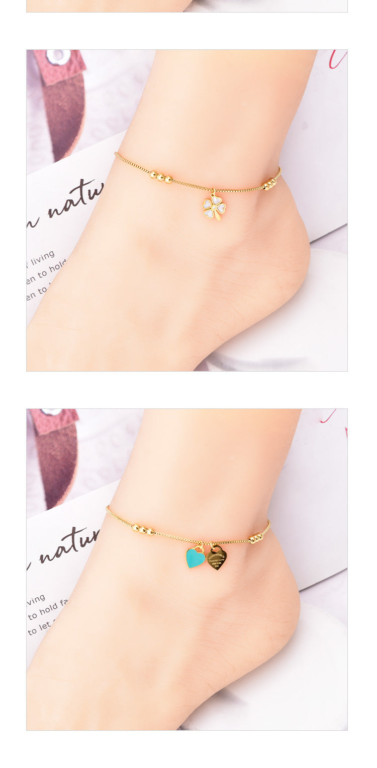 simple style devil's eye heart shape butterfly titanium steel inlay artificial pearls shell zircon women's anklet