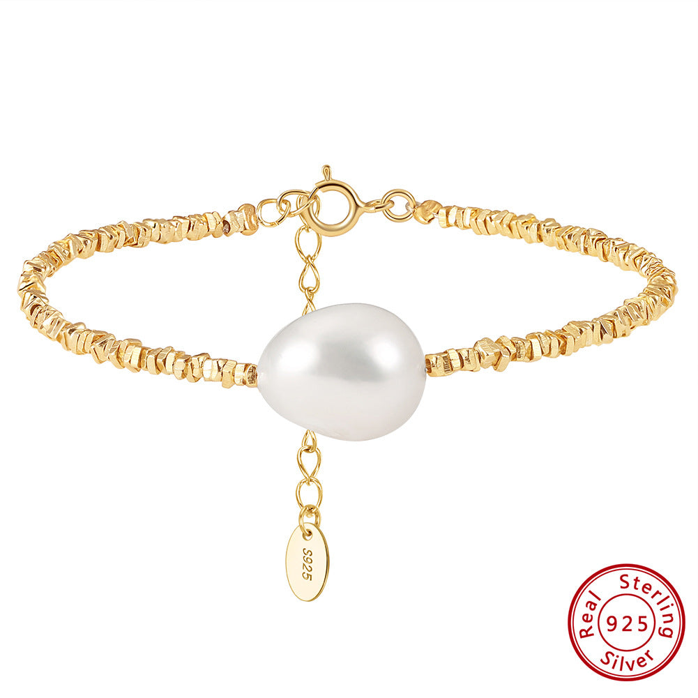 elegant simple style round freshwater pearl sterling silver beaded plating bracelets