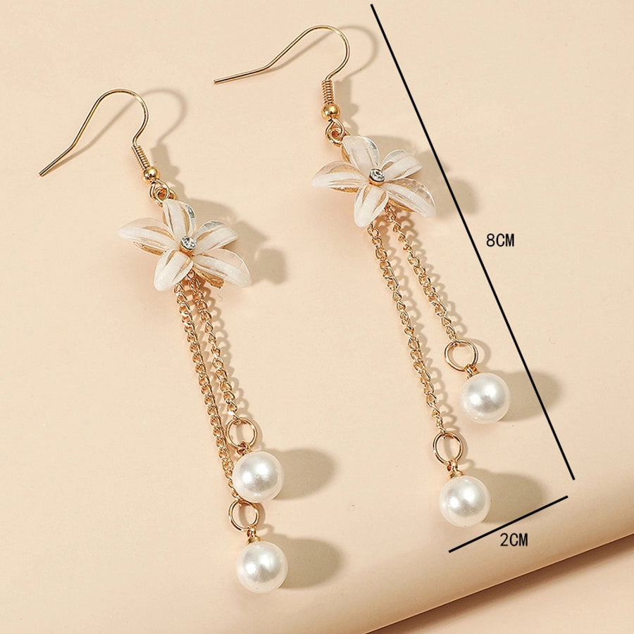 fashion flower shaped pearl tassel five-leaf alloy earrings