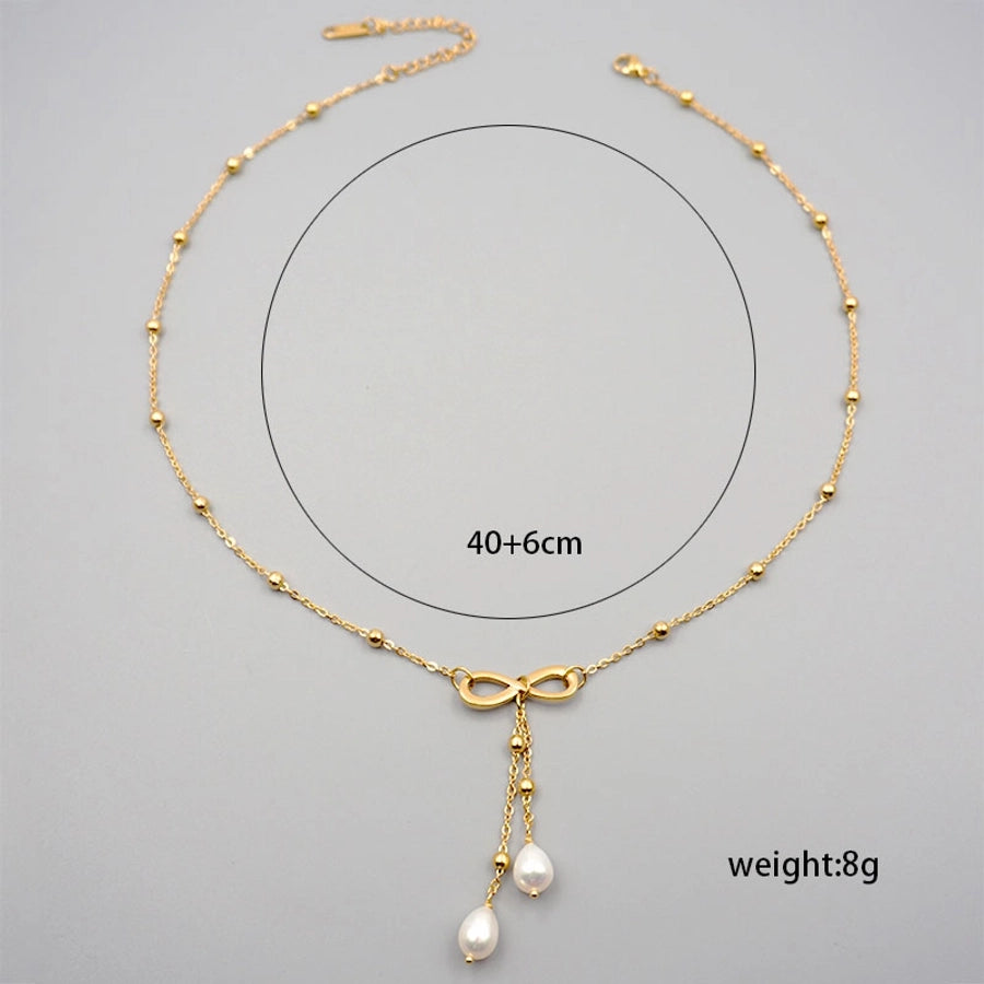 304 Stainless Steel Freshwater Pearl Gold Plated Casual Vintage Style Simple Style Infinity Bow Knot Pendant Necklace