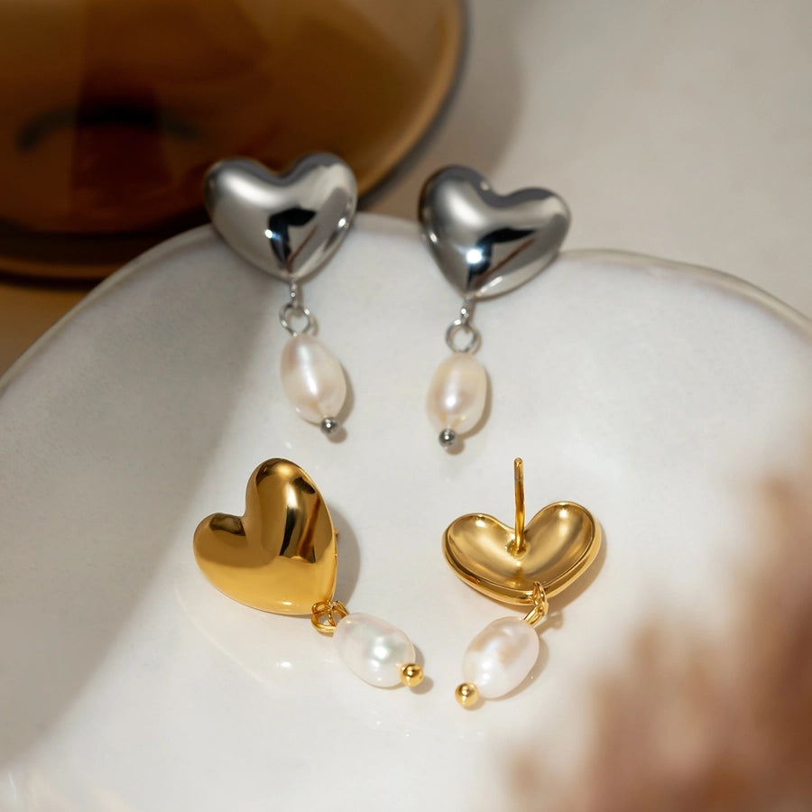 1 Pair IG Style Simple Style Heart Shape Pearl 304 Stainless Steel 18K Gold Plated Drop Earrings