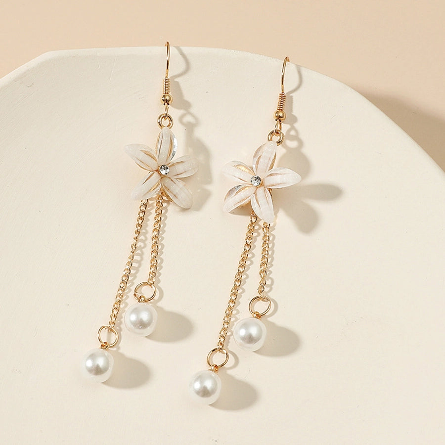 fashion flower shaped pearl tassel five-leaf alloy earrings