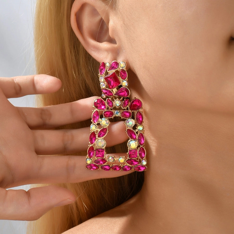 1 pair elegant retro geometric trapezoid hollow out inlay zinc alloy rhinestones drop earrings