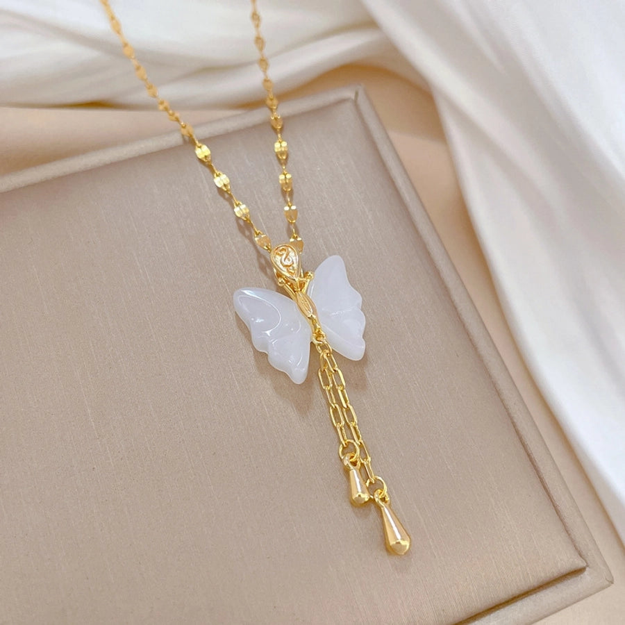 fashion butterfly titanium steel copper tassel plating pendant necklace