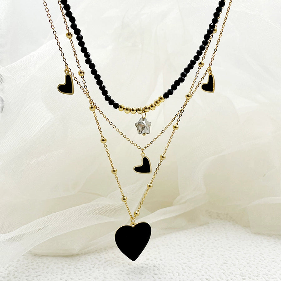304 Stainless Steel Artificial Crystal Gold Plated Elegant French Style Layered Enamel Plating Heart Shape Three Layer Necklace