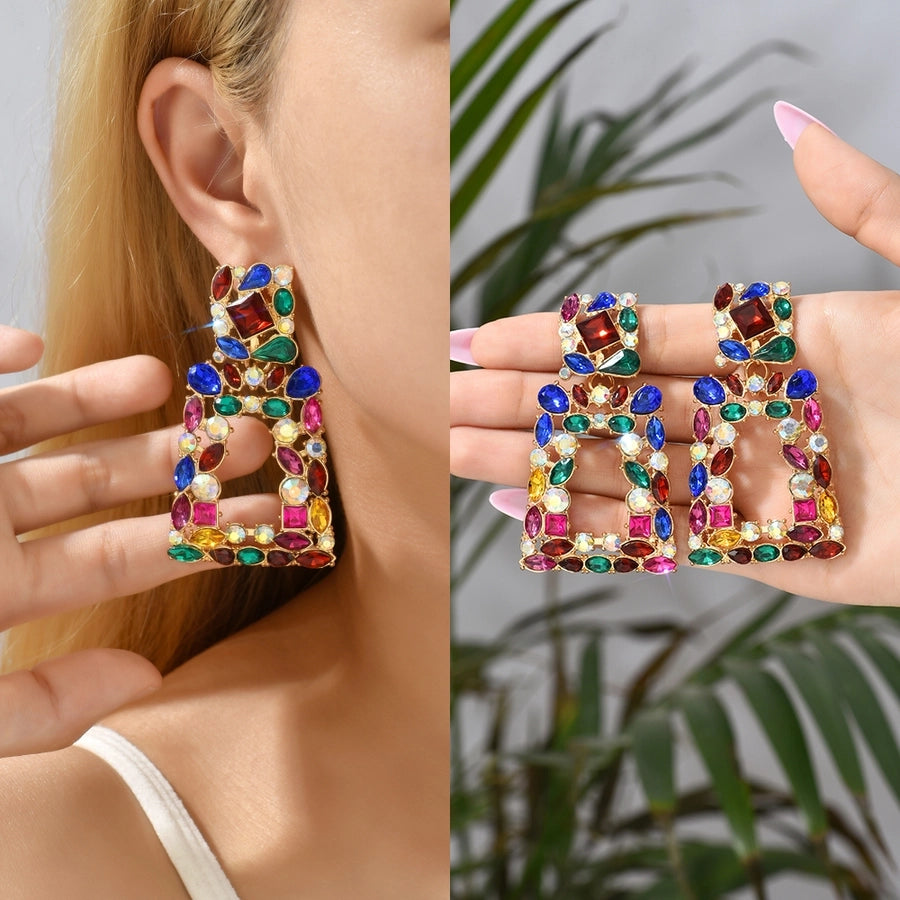 1 pair elegant retro geometric trapezoid hollow out inlay zinc alloy rhinestones drop earrings