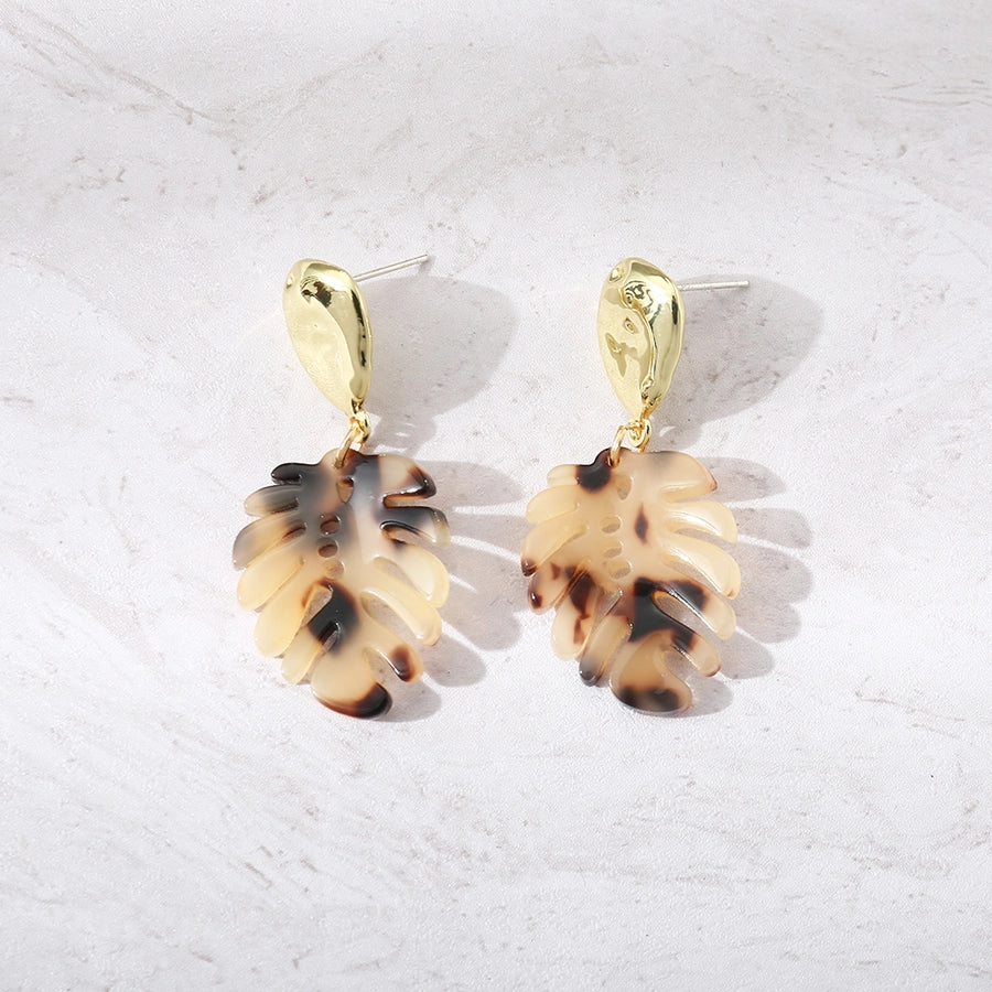 1 pair fashion leaves plastic resin gold plated women's drop earrings