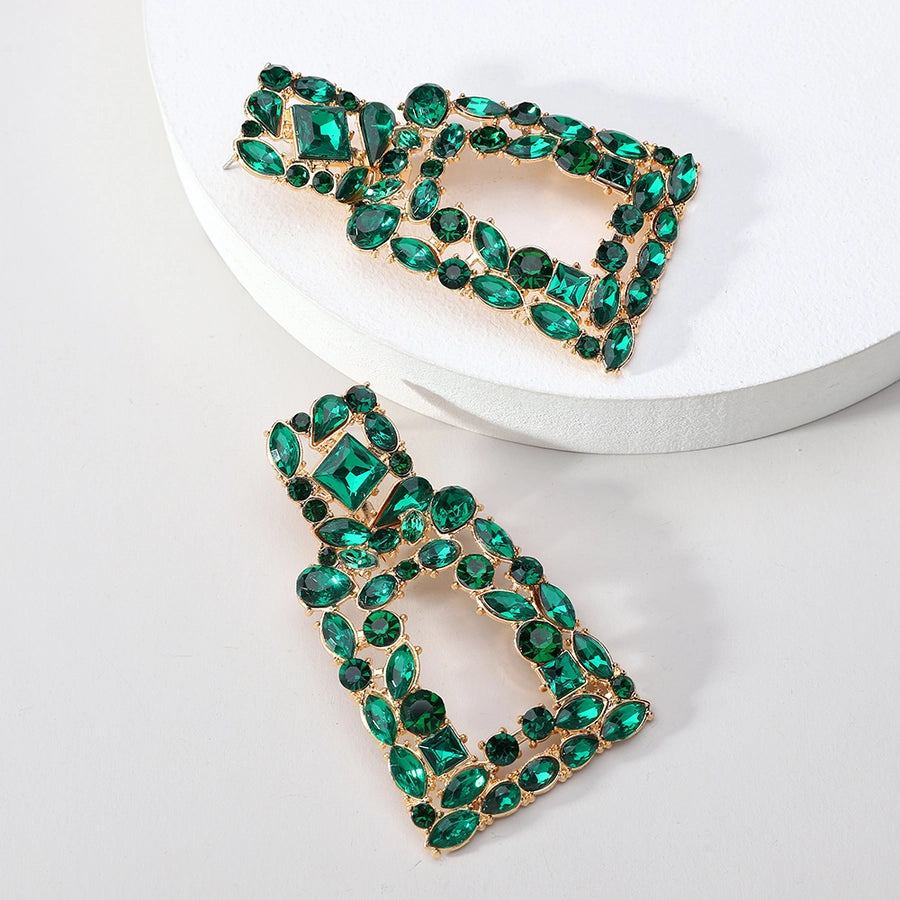 1 pair elegant retro geometric trapezoid hollow out inlay zinc alloy rhinestones drop earrings