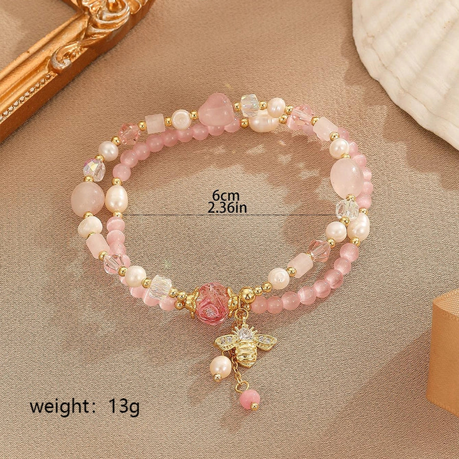 sweet simple style flower bee zircon freshwater pearl pink crystal copper bracelets