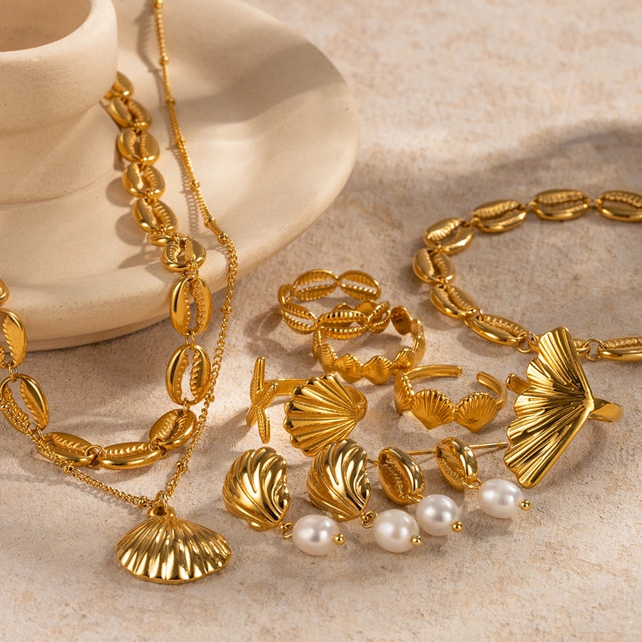 ig style beach starfish shell stainless steel imitation pearl plating 18k gold plated rings earrings necklace