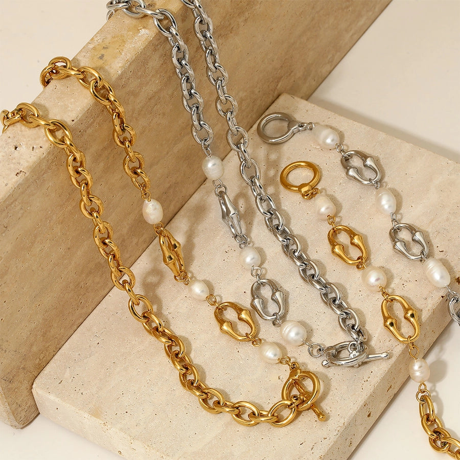 304 Stainless Steel Freshwater Pearl 16K Gold Plated White Gold Plated Gold Plated IG Style Simple Style Classic Style Polishing Plating Solid Color Bracelets Necklace