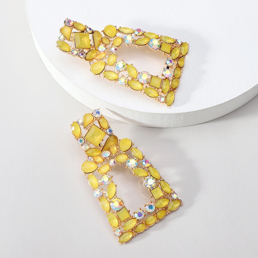 1 pair elegant retro geometric trapezoid hollow out inlay zinc alloy rhinestones drop earrings
