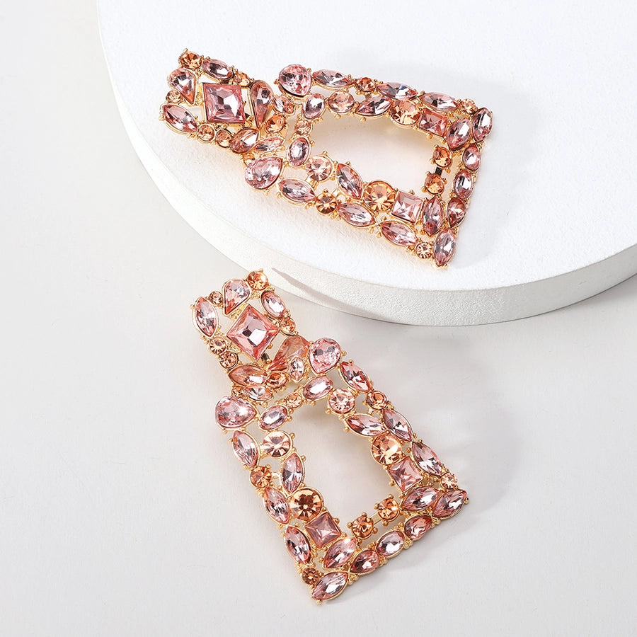 1 pair elegant retro geometric trapezoid hollow out inlay zinc alloy rhinestones drop earrings
