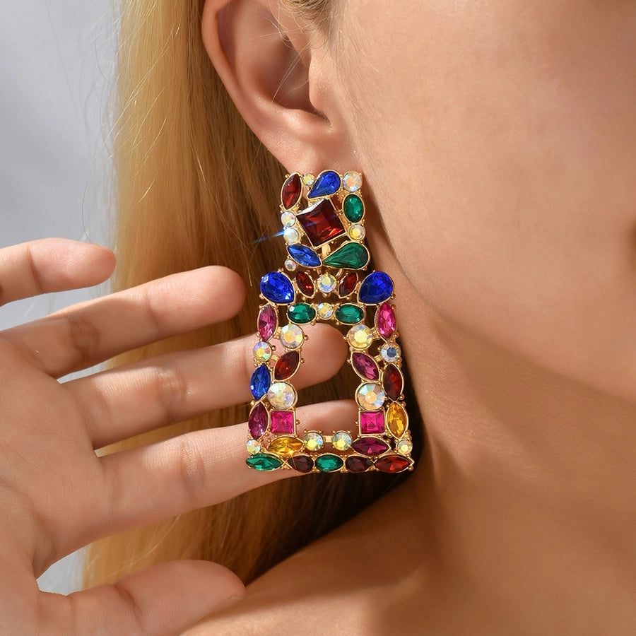 1 pair elegant retro geometric trapezoid hollow out inlay zinc alloy rhinestones drop earrings